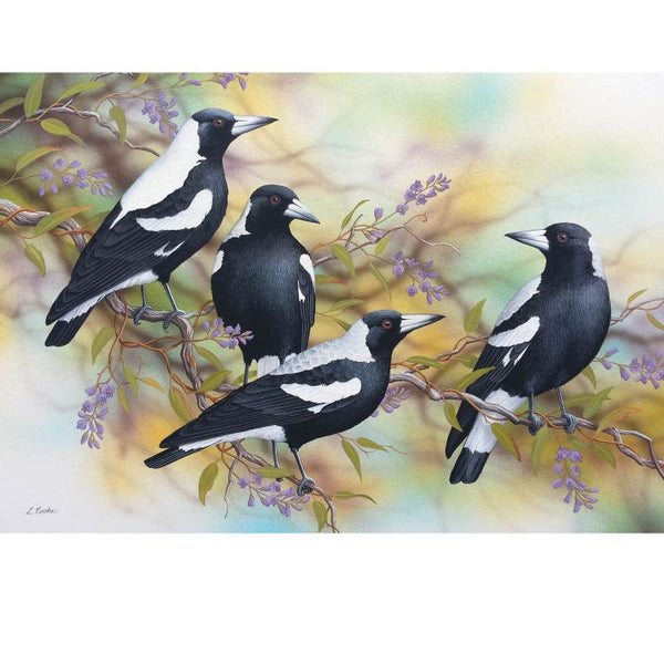 Card Magpies on Hardenbergia
